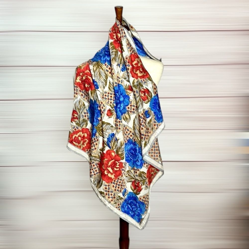 Albert Nipon for XIIX KARAT Silk Scarf Blue Magenta Tan Floral Roses Vintage